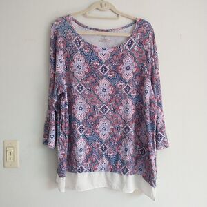 TALBOTS Tunic Top Blouse Women 2X Plus Blue Red Floral Geometr Festival Colorful